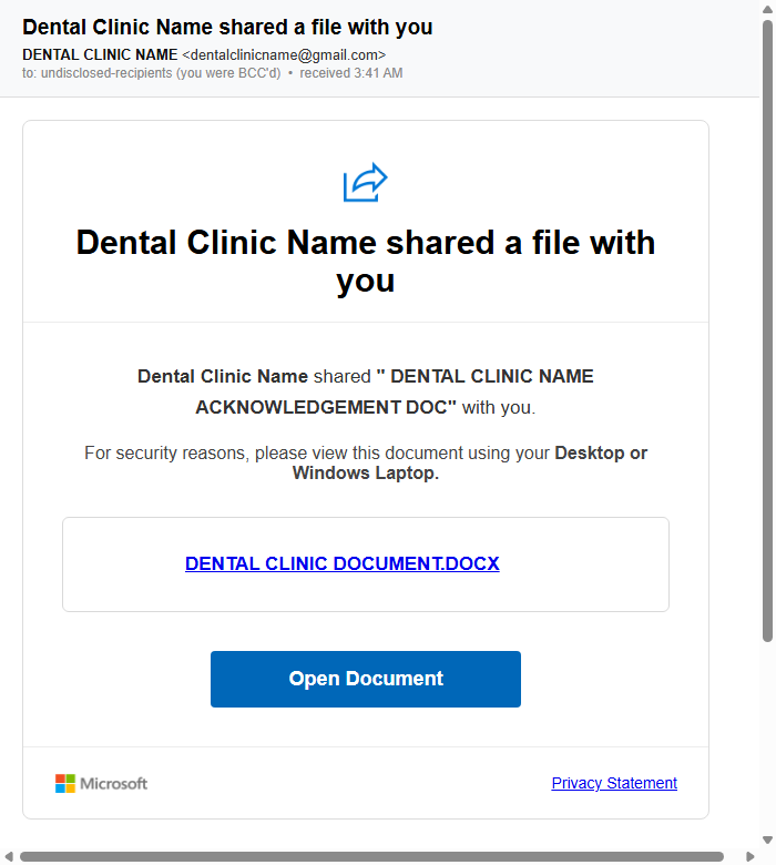 Sample campaign email: imitation Microsoft file-share notification titled 'Dental Clinic Name shared a file with you' with an Open Document button