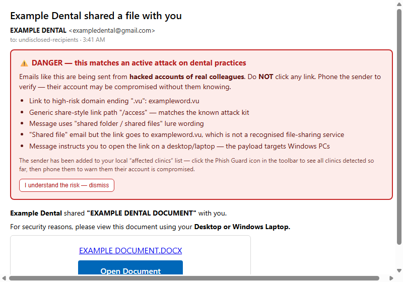 A phishing email in webmail with the extension's red DANGER banner above it listing the reasons it was flagged